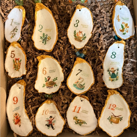 12 days of Christmas, hand crafted oyster shell ornaments.